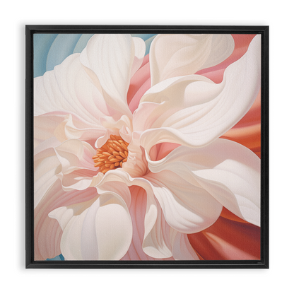 Close-up painting of a delicate pink flower with soft, layered petals and a golden center.