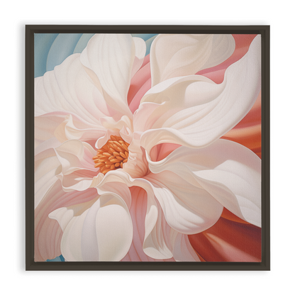 Close-up painting of a delicate pink flower with soft petals and a golden center.