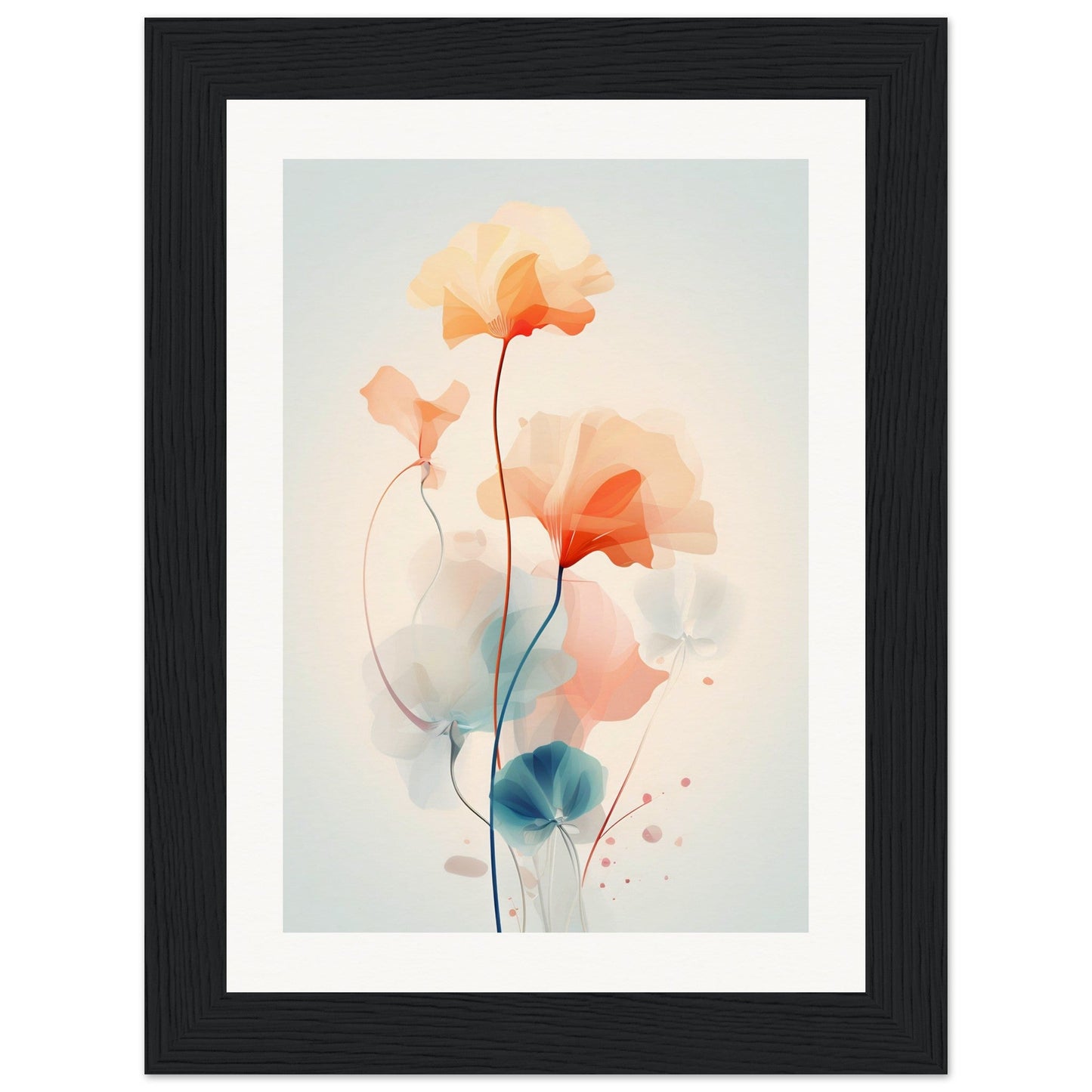 Delicate watercolor painting of abstract flowers with soft orange and blue hues.