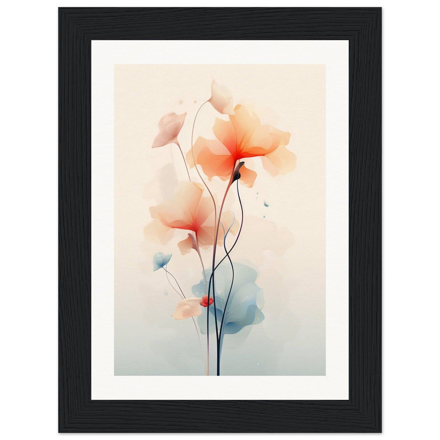 Framed watercolor painting of delicate orange and pink poppies with slender stems.