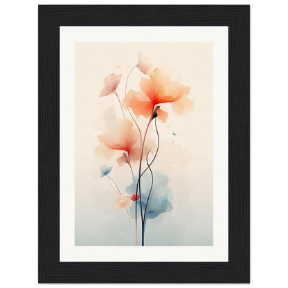 Framed watercolor painting of delicate orange and pink poppies with slender stems.