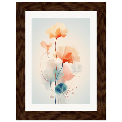 Framed watercolor painting of delicate, abstract flowers in soft pastel hues.