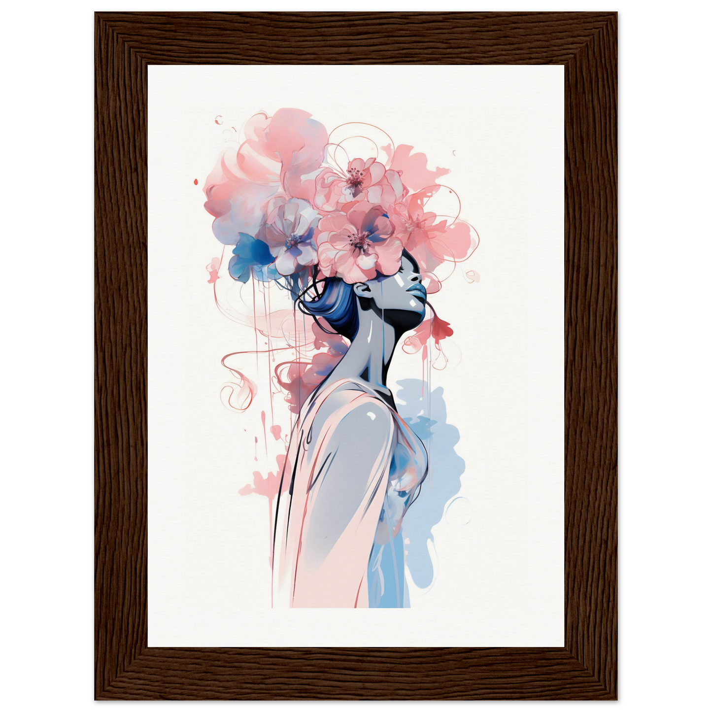 Watercolor-style painting of a figure with a floral head in pink and blue tones.