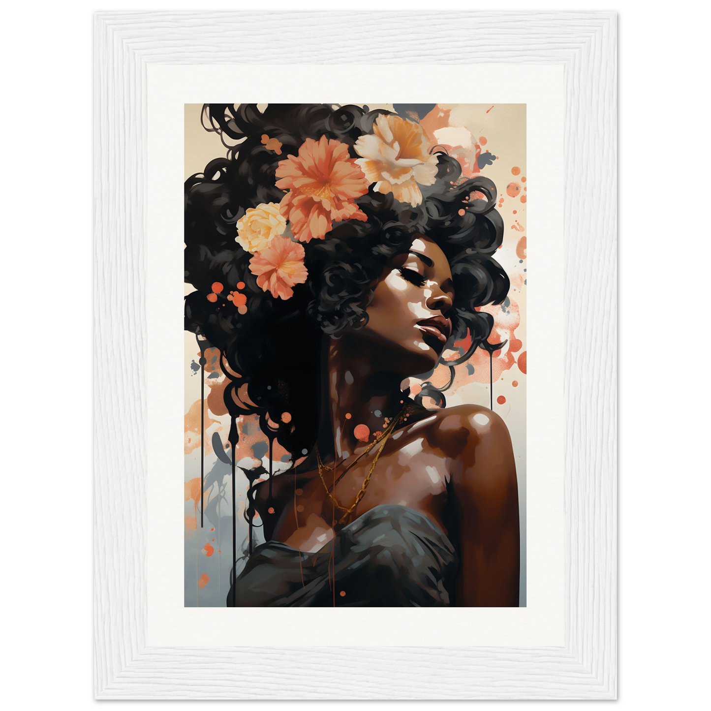 Portrait of a woman with flowers in her hair, painted in a stylized, artistic manner.