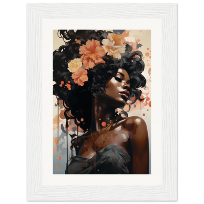 Portrait of a woman with flowers in her hair, painted in a stylized, artistic manner.