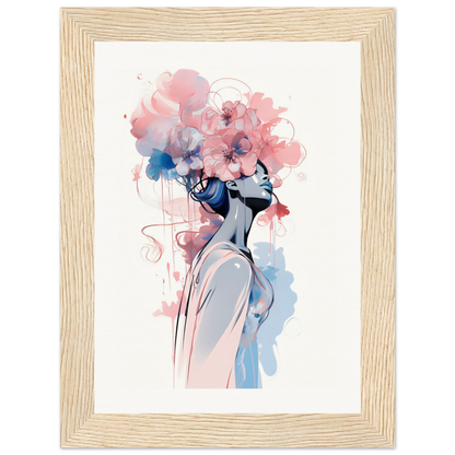 Watercolor-style painting of a figure with a floral headdress in pink and blue tones.