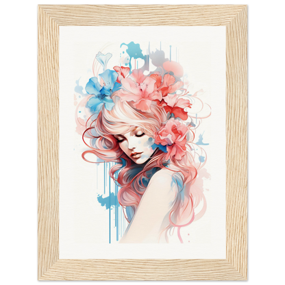 Watercolor-style portrait of a woman with flowing hair adorned with colorful floral elements.