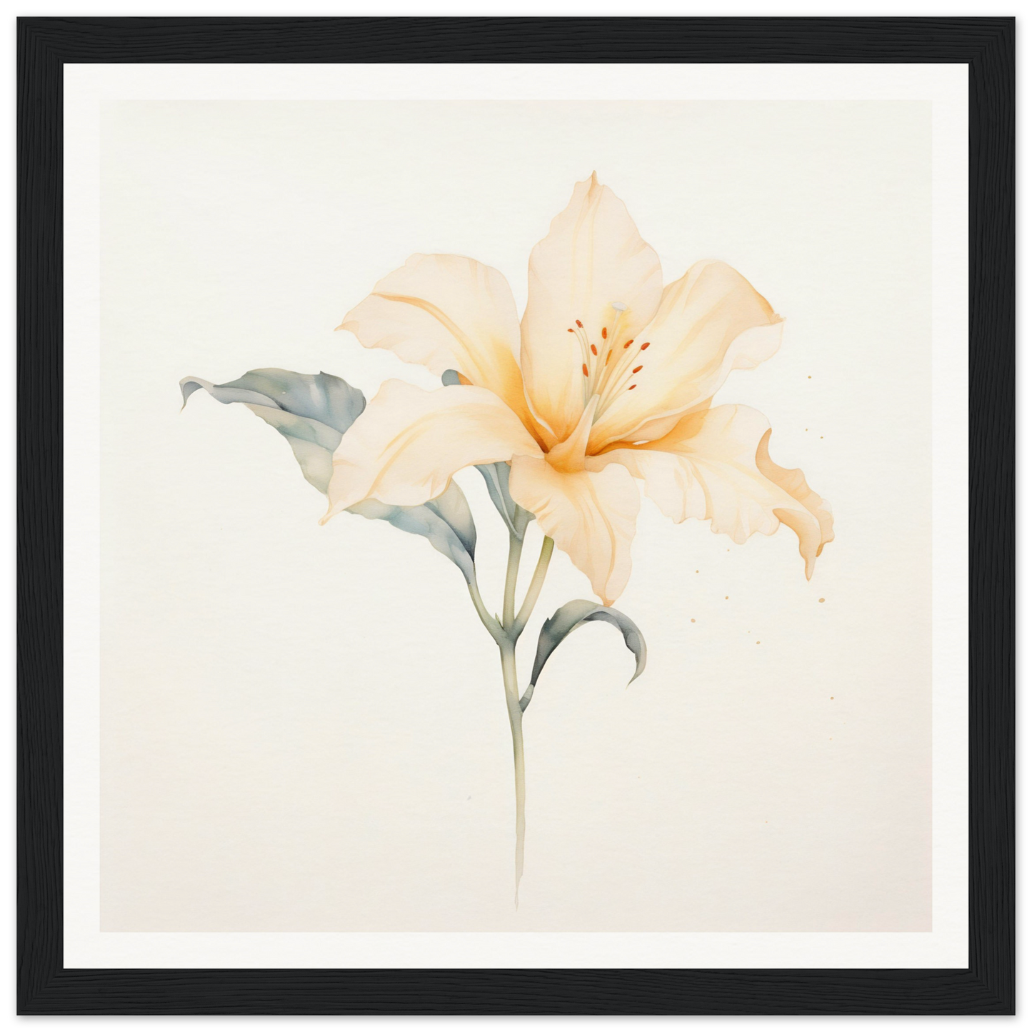 Delicate watercolor painting of a pale peach lily flower with gray-green leaves.