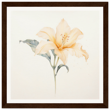 Delicate watercolor painting of a pale peach lily flower with soft green leaves.