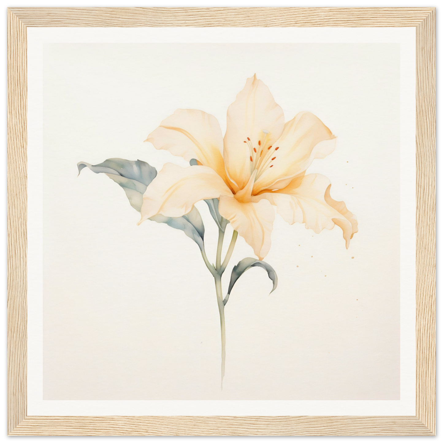 Delicate watercolor painting of a pale yellow lily flower with a green stem and leaf.