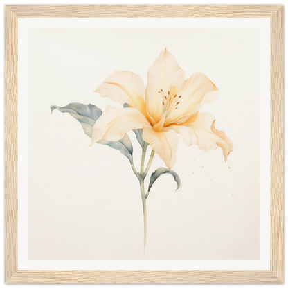 Delicate watercolor painting of a pale yellow lily flower with a green stem and leaf.