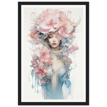 Watercolor-style painting of a figure adorned with delicate pink and blue flowers.