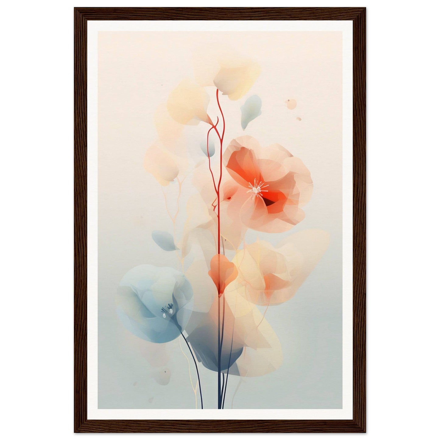 Framed watercolor painting of delicate, abstract floral shapes in soft pastel colors.