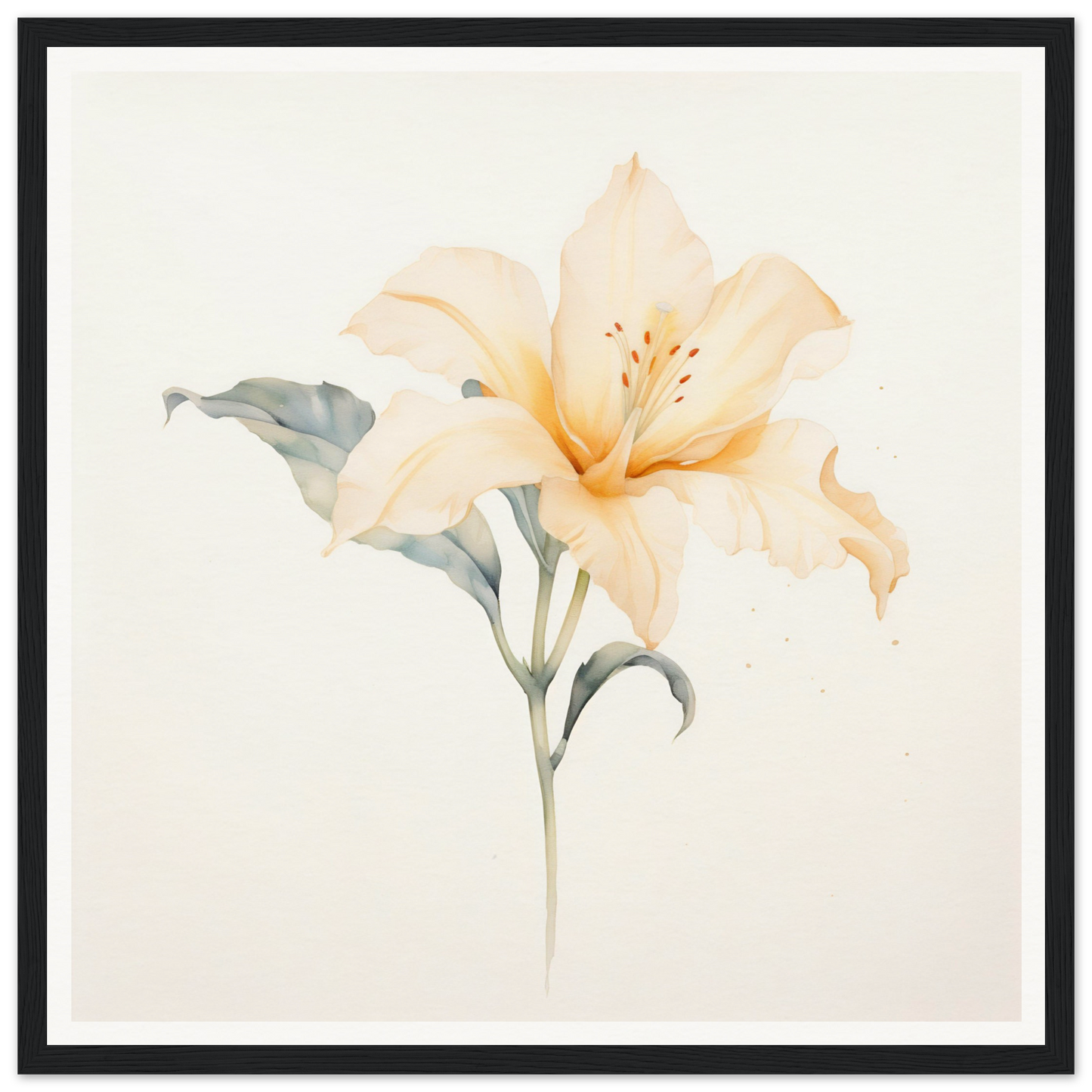 Delicate watercolor painting of a pale peach lily with soft gray-green leaves.