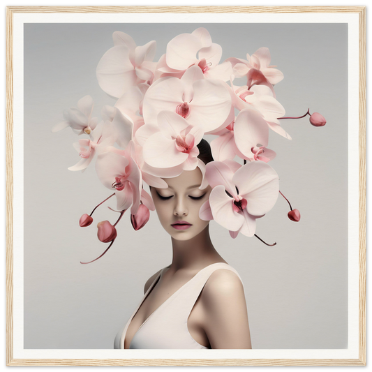 Elegant floral headdress composed of pale pink orchids adorning a figure’s head.