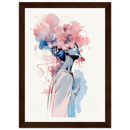 Watercolor-style painting of a feminine figure with floral elements forming the head and hair.