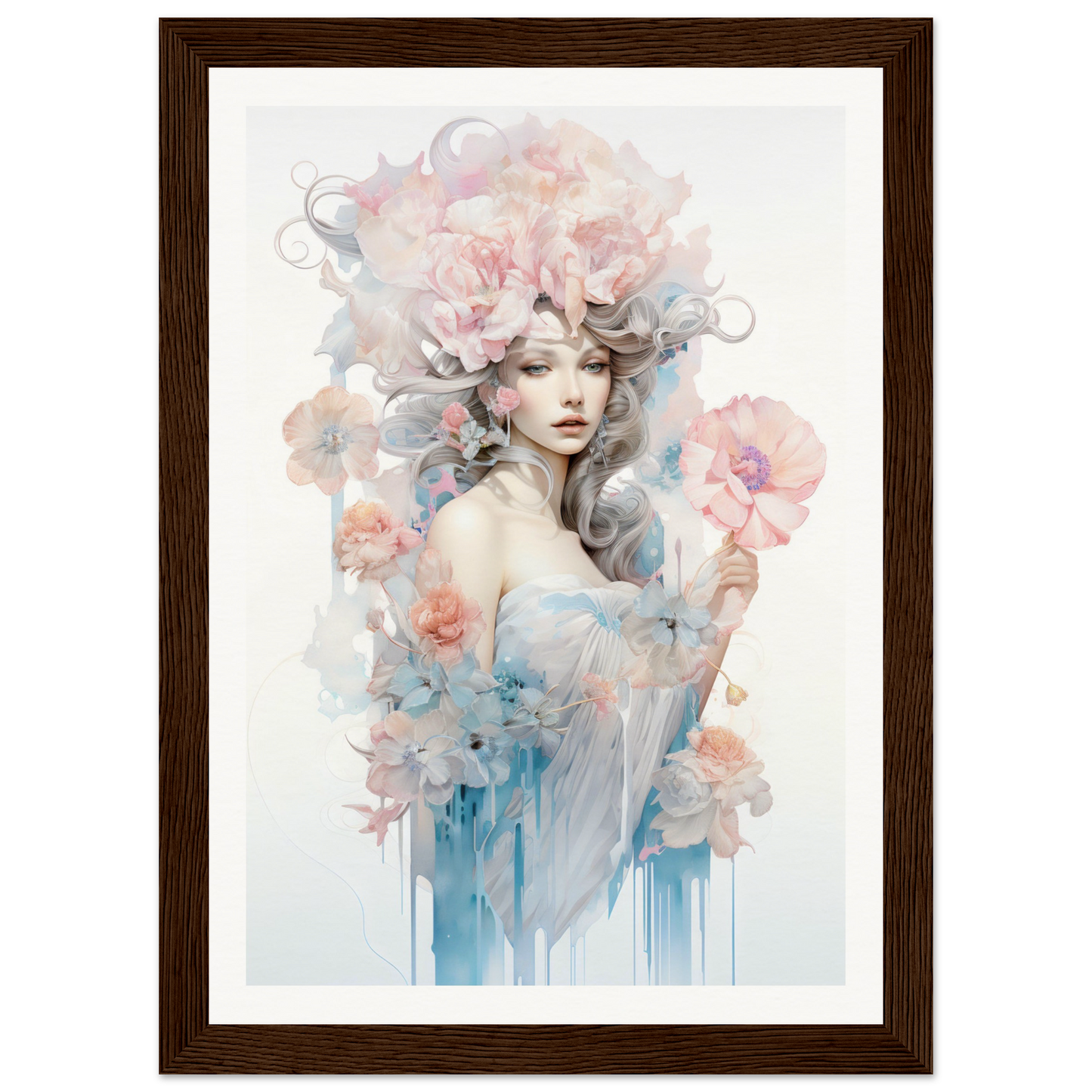 Ethereal watercolor-style portrait of a woman with floral elements in her hair and surrounding her.