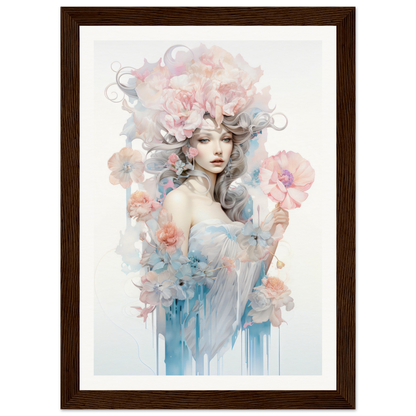 Ethereal watercolor-style portrait of a woman with floral elements in her hair and surrounding her.