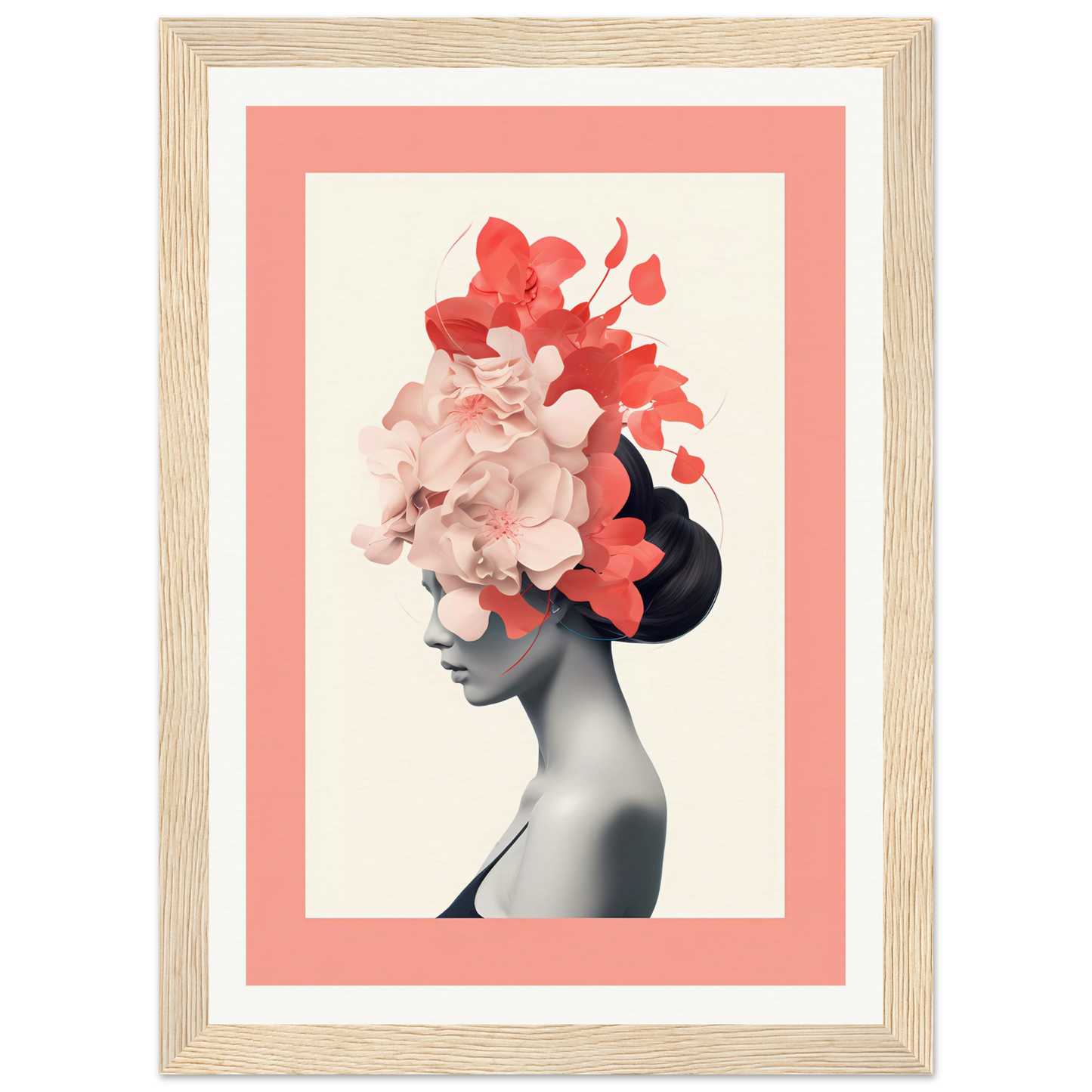 Artistic portrait featuring a silhouette with vibrant red and pink floral elements adorning the head.