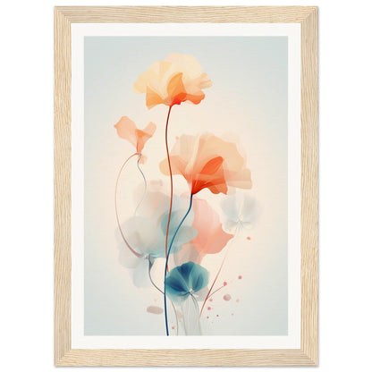 Delicate watercolor painting of abstract flowers with soft orange and blue hues.