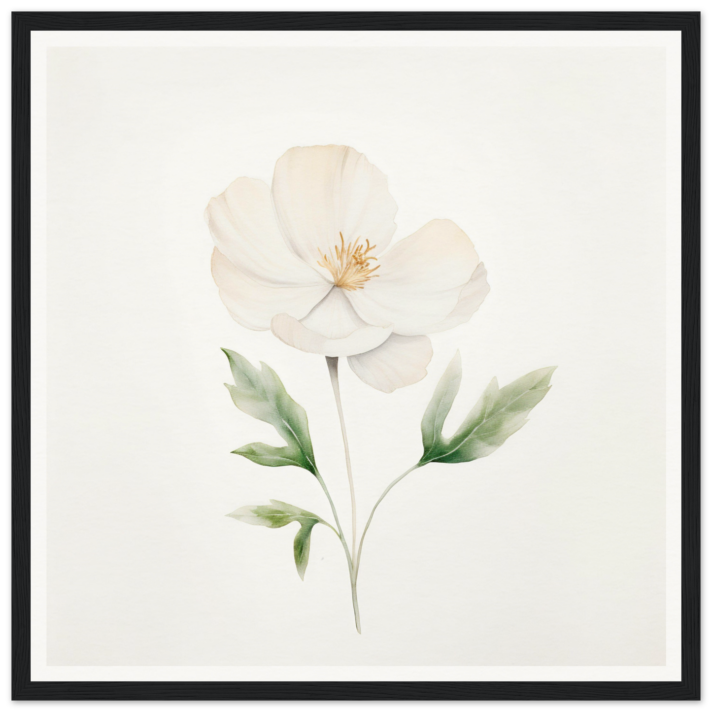 Delicate white flower with pale green leaves painted in watercolor style.