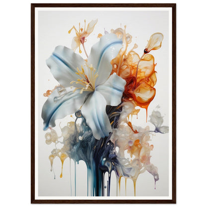 A white lily flower with watercolor-style paint drips and splatters in blue, orange, and gray tones.