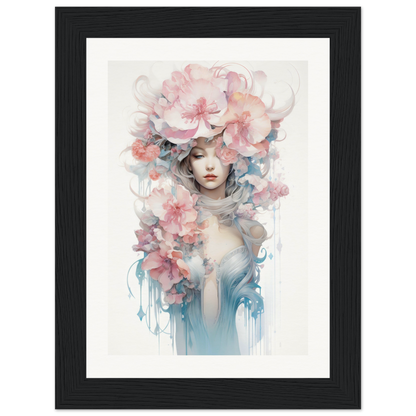 Ethereal portrait of a figure adorned with delicate pink and blue floral elements.