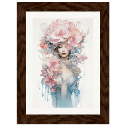 Ethereal watercolor-style portrait of a woman with flowing floral elements adorning her head and shoulders.