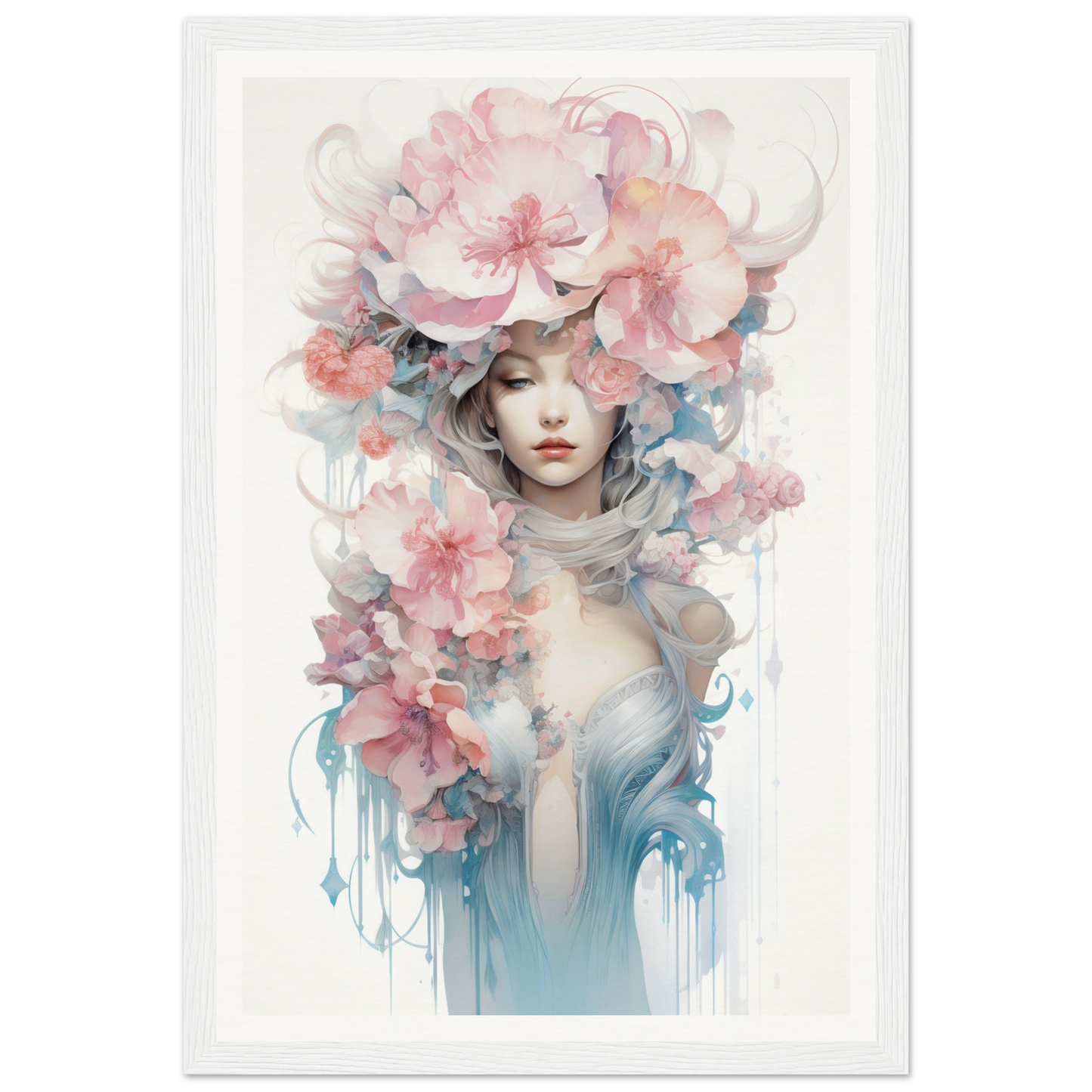 Ethereal watercolor-style portrait of a figure adorned with delicate pink and blue floral elements.