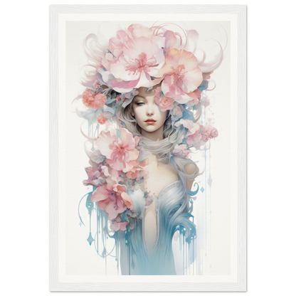 Ethereal watercolor-style portrait of a figure adorned with delicate pink and blue floral elements.