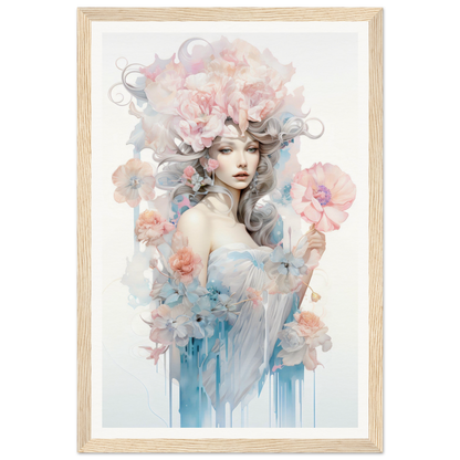 Ethereal watercolor-style portrait of a woman surrounded by soft floral elements and pastel hues.