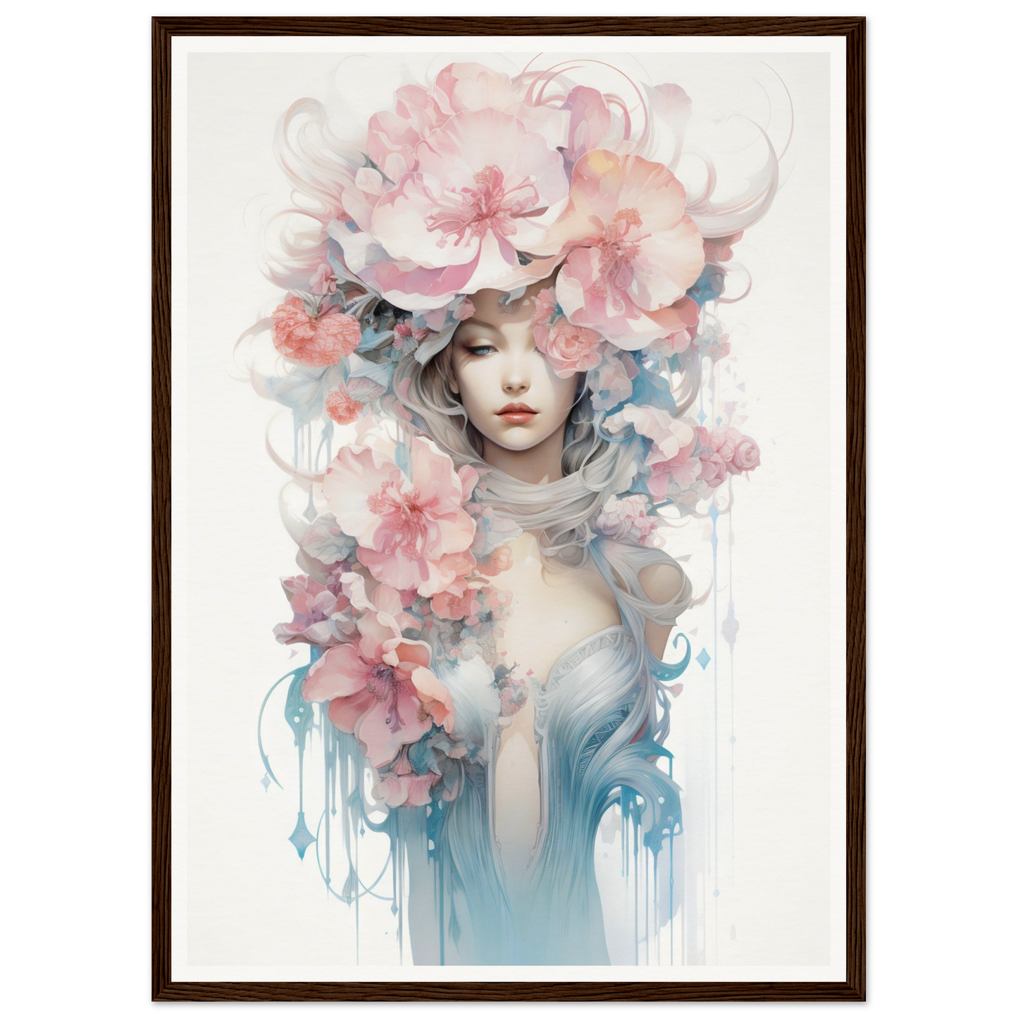 Ethereal watercolor-style portrait of a figure adorned with delicate pink and blue floral elements.