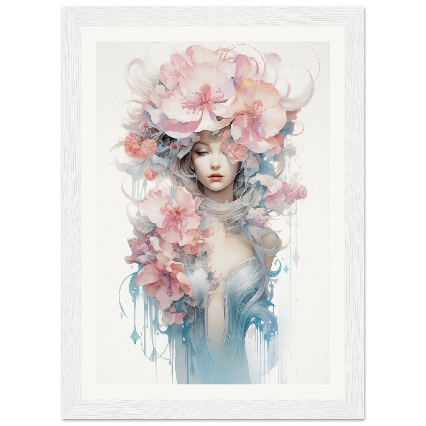 Watercolor-style portrait of a figure adorned with flowing floral elements.