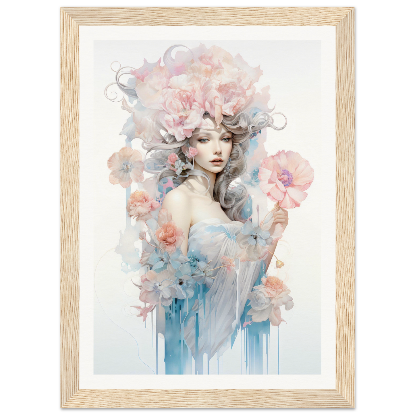 Ethereal watercolor-style portrait of a woman with flowing hair adorned by soft pink flowers.