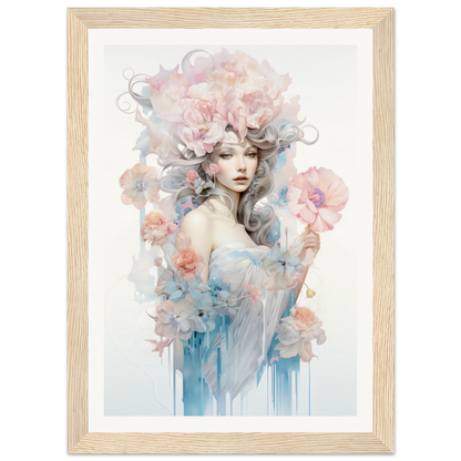 Ethereal watercolor-style portrait of a woman with flowing hair adorned by soft pink flowers.