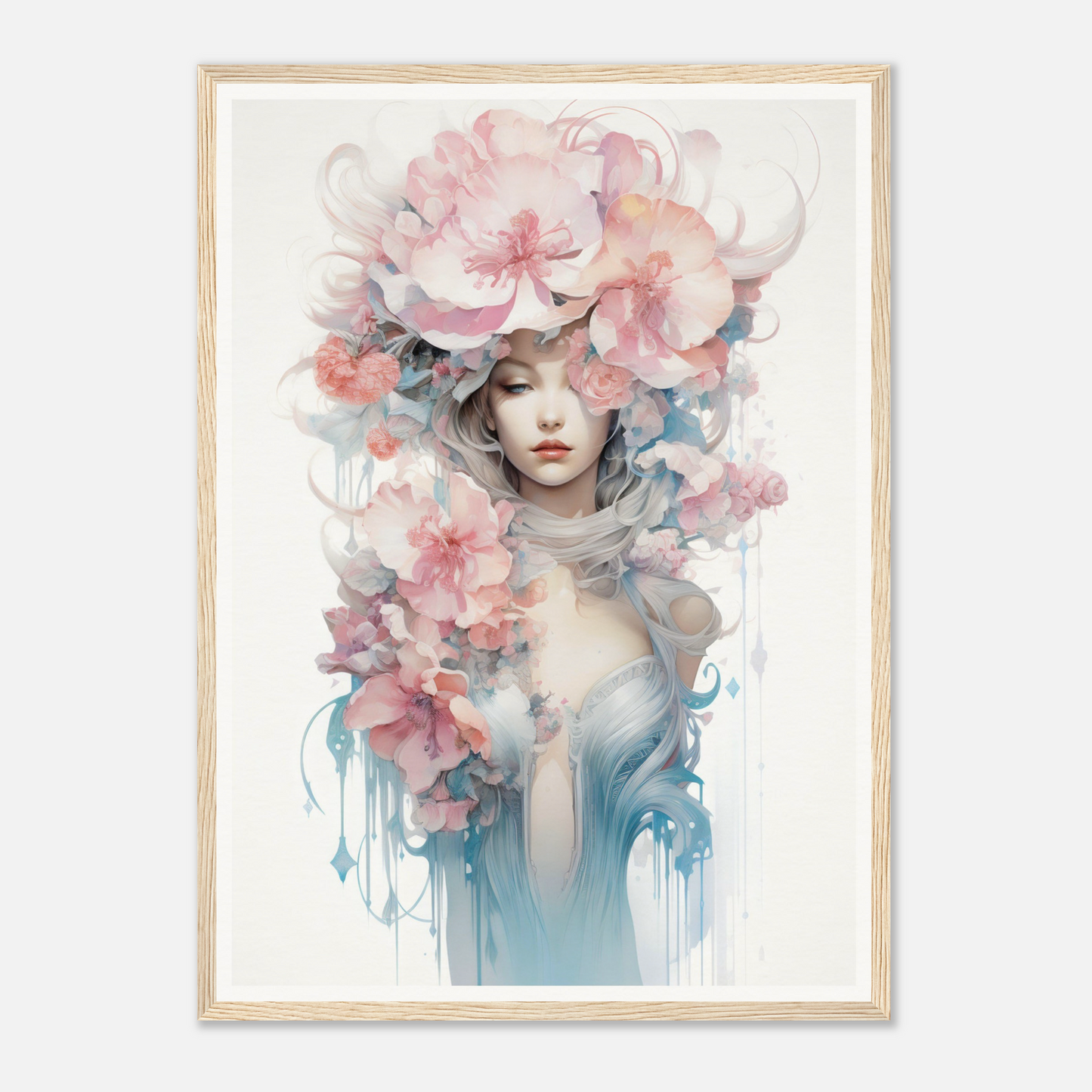 Ethereal portrait of a figure adorned with delicate floral elements and watercolor-like effects.