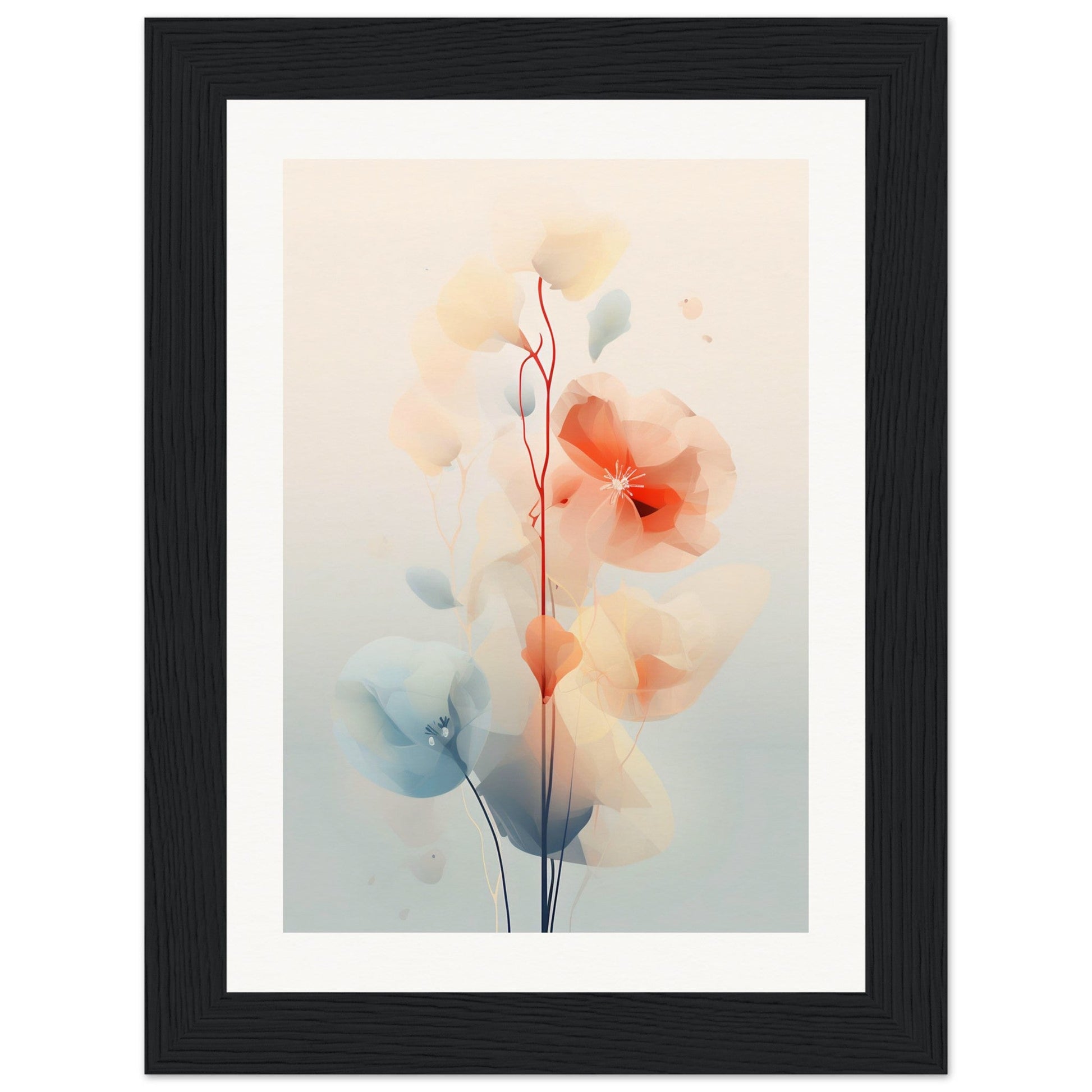 Framed watercolor painting of delicate, abstract floral shapes in soft pastel hues.