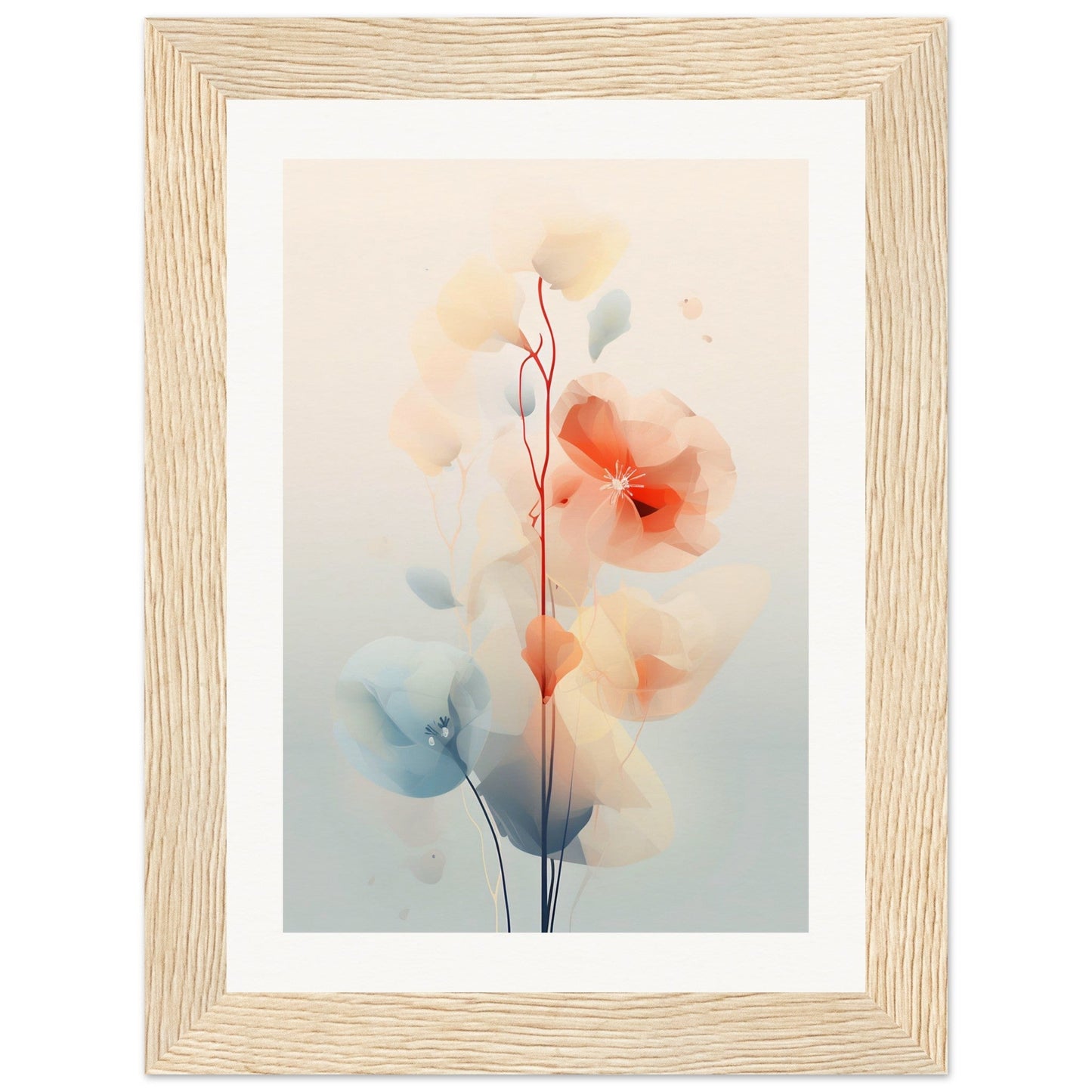 Framed watercolor painting of delicate, abstract floral shapes in soft pastel hues.