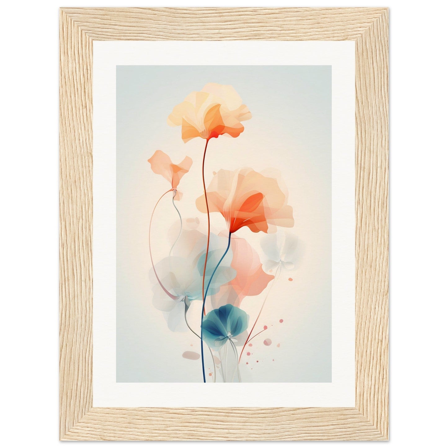 Framed watercolor painting of delicate, abstract flowers in soft pastel hues.