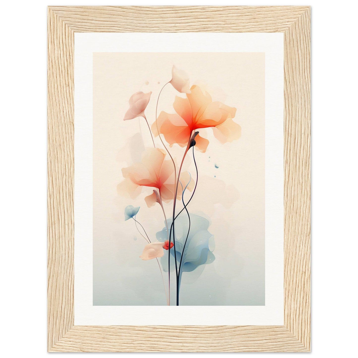 Framed watercolor painting of delicate orange and pink flowers with slender stems.