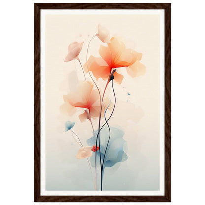 Framed watercolor painting of delicate, abstract flowers with soft orange and blue hues.