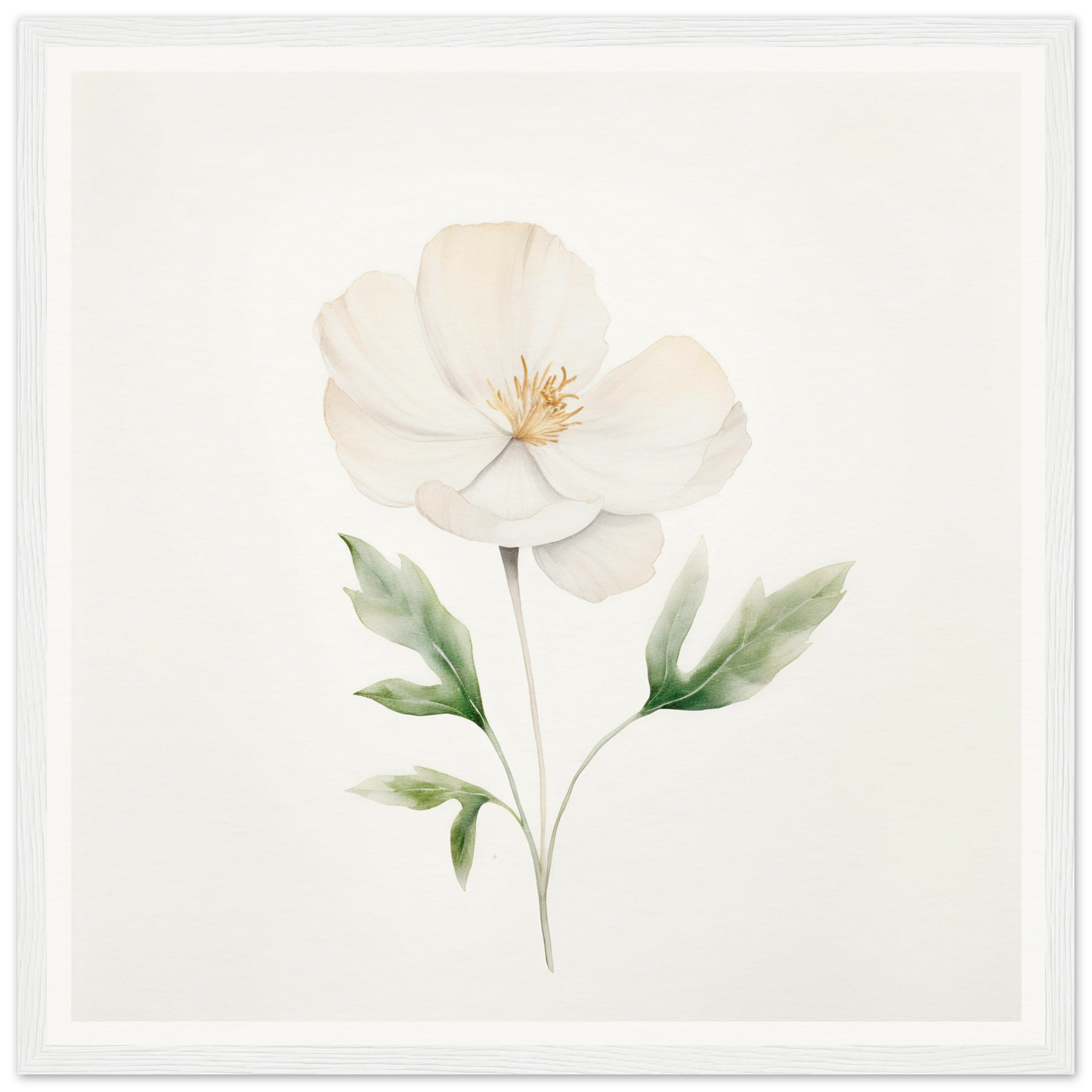 Delicate white flower with pale green leaves and a yellow center, painted in a soft watercolor style.