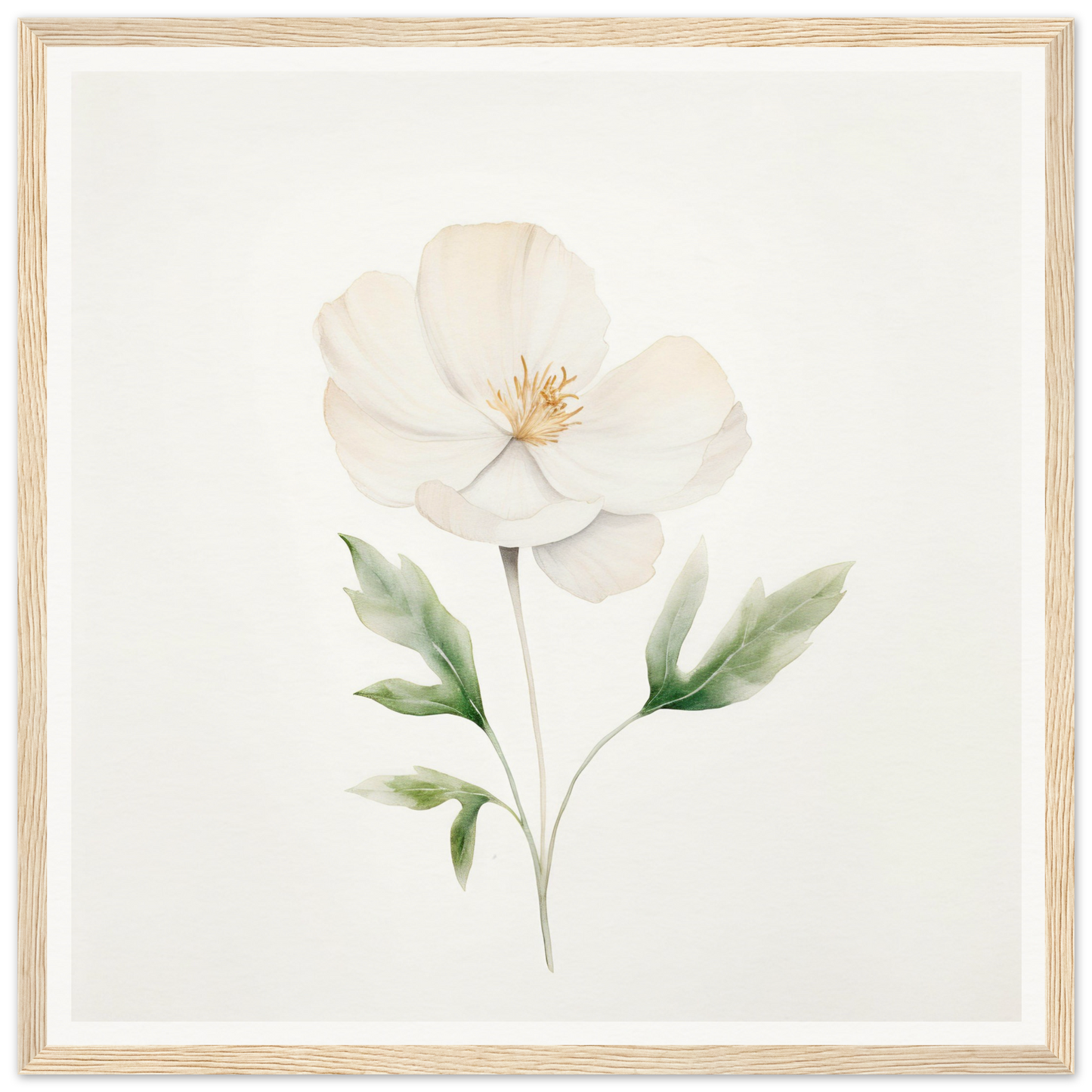 Delicate white flower with green leaves painted in a soft watercolor style.