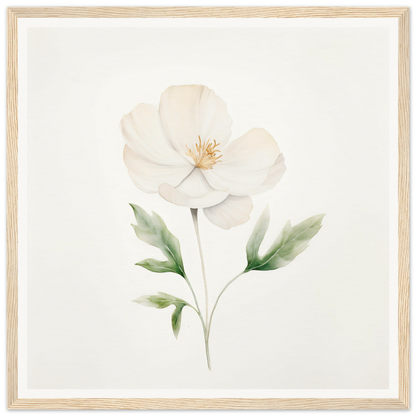 Delicate white flower with green leaves painted in a soft watercolor style.