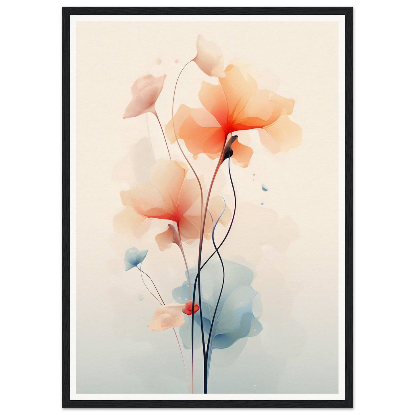 Delicate watercolor painting of abstract flowers with soft orange and pink petals on slender stems.