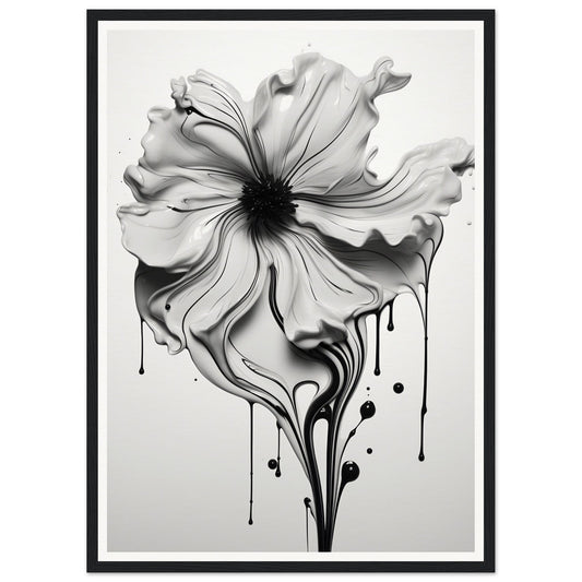 Monochromatic illustration of a blooming flower with dripping, paint-like effects.