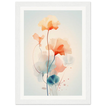 Delicate watercolor painting of abstract flowers with soft orange and blue hues.