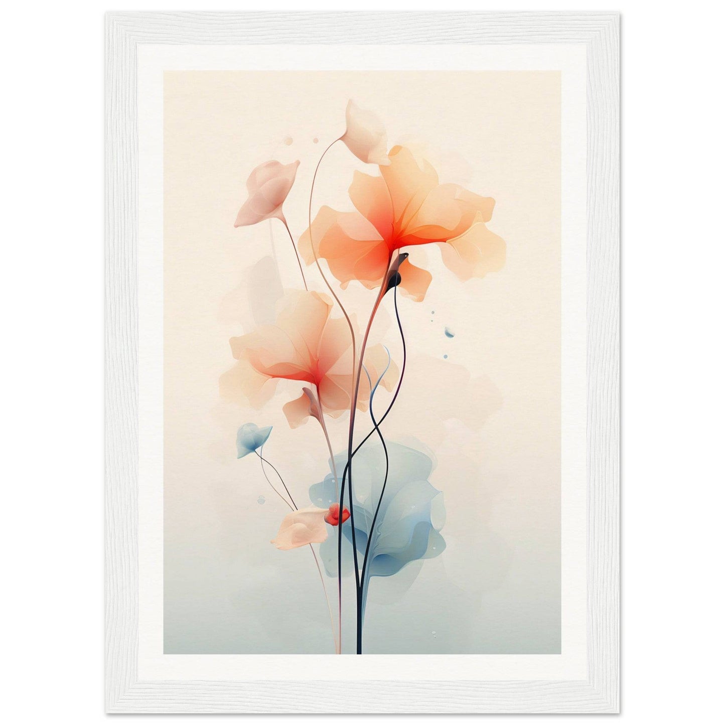 Delicate watercolor-style painting of abstract poppies with soft peach and blue hues.