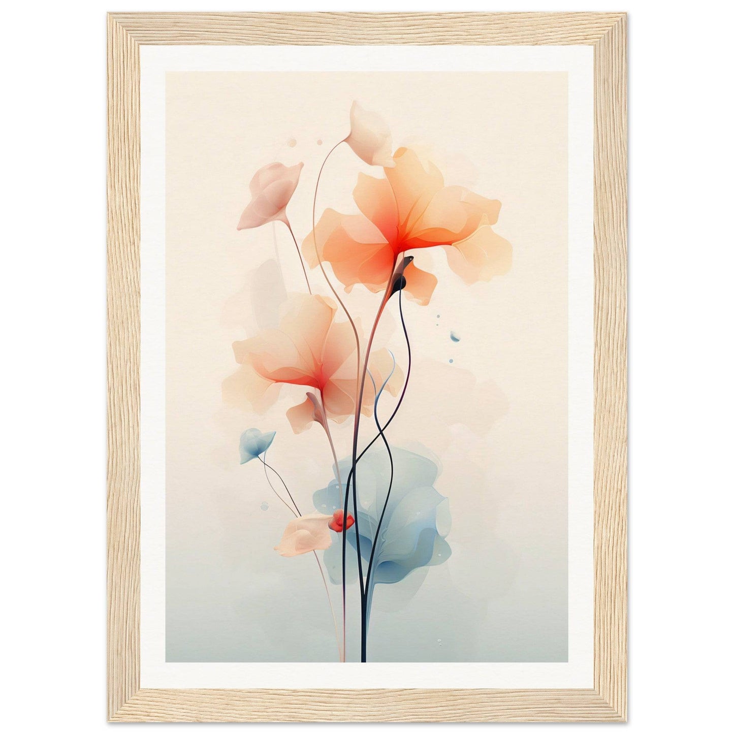 Delicate watercolor painting of soft orange and pink poppies with slender stems.