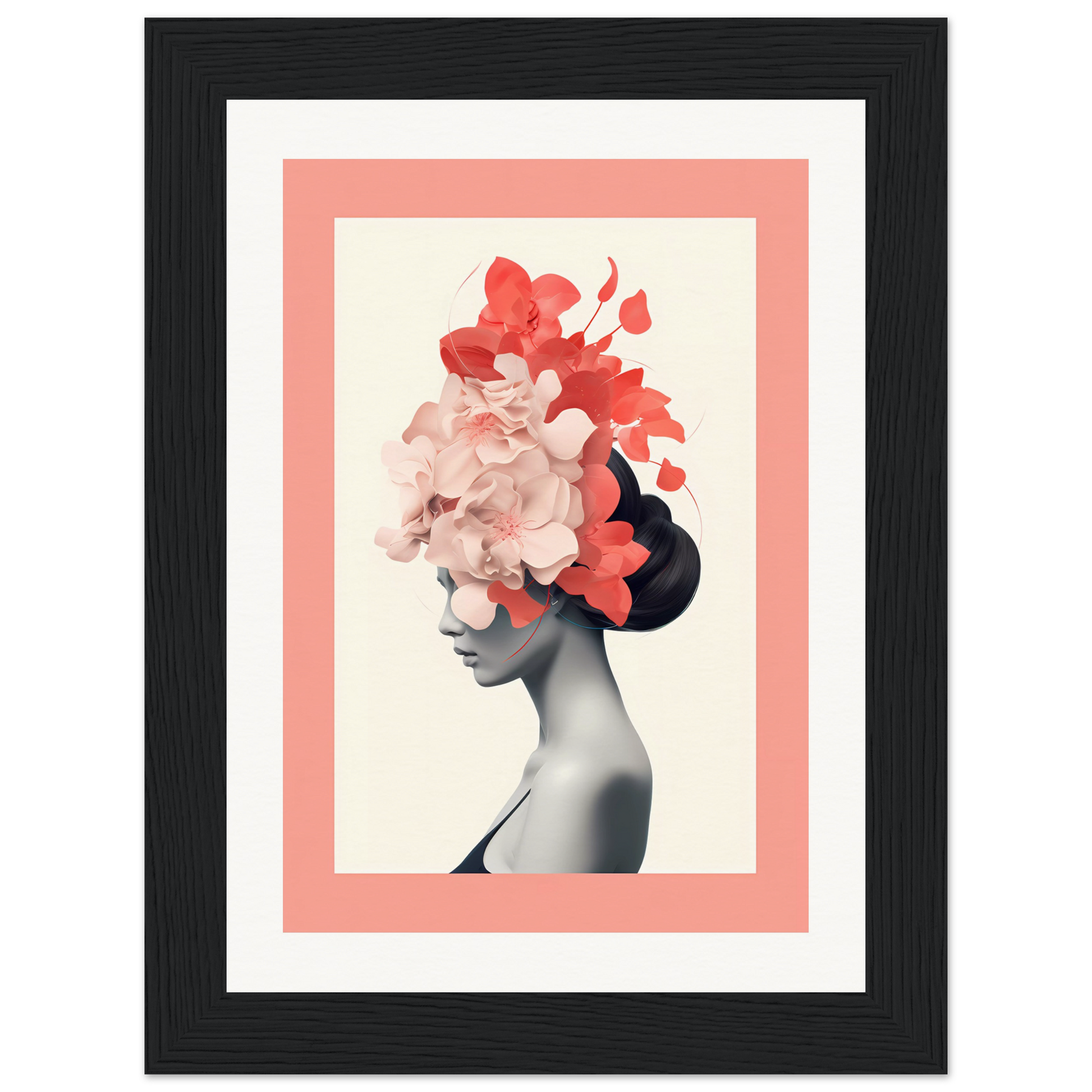 Artistic portrait of a figure with floral elements replacing the hair and part of the face.